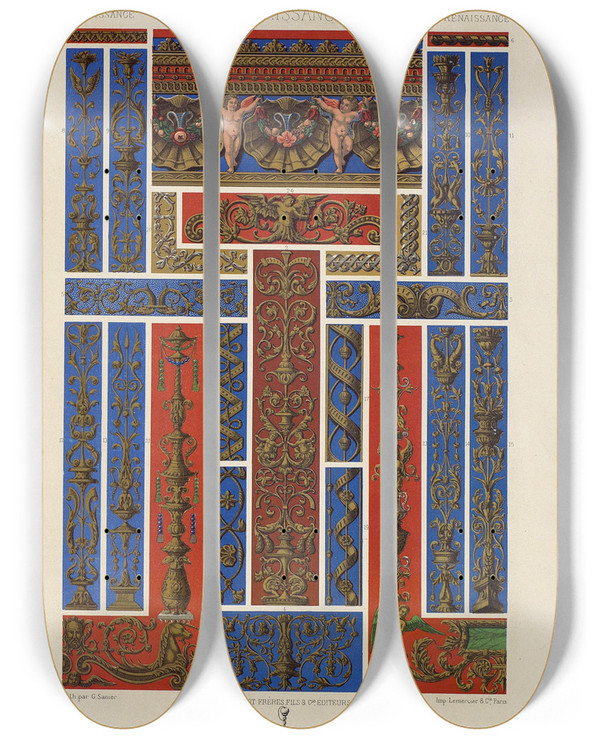 Triptych art skateboard deck of Auguste Racinet Renaissance 14 by Auguste Racinet (1825-1893)