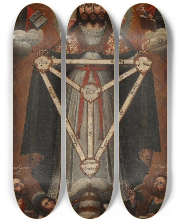 Triptych art skateboard deck of Cusco School Trifacial Trinity by Cusco School