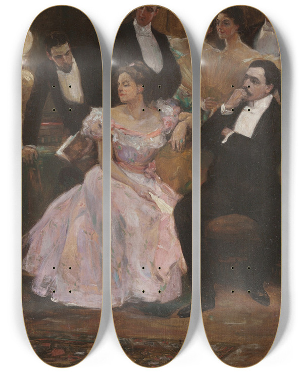 Triptych art skateboard deck of Alice Barber Stephens A Formal Gathering by Alice Barber Stephens (1858-1932)