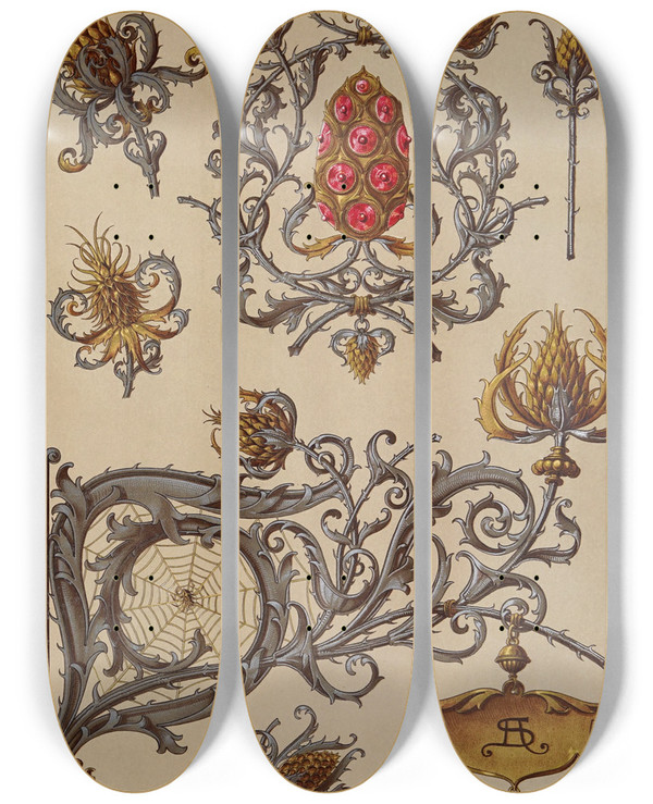 Triptych art skateboard deck of Anton Seder Die Pflanze In Kunst Und Gewerbe Pl026 by Anton Seder (1850-1916)