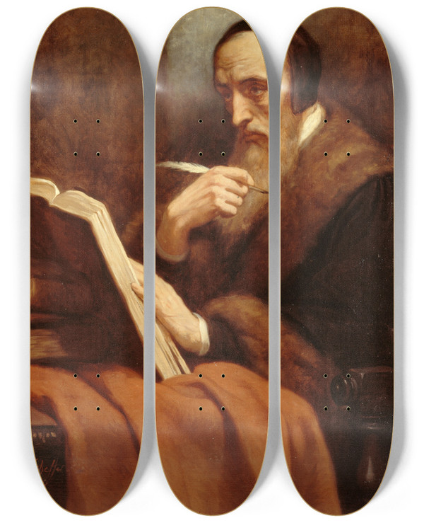 Triptych art skateboard deck of Ary Scheffer Portrait De Calvin by Ary Scheffer (1795-1858)