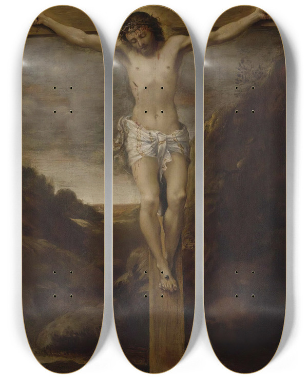 Triptych art skateboard deck of Annibale Carracci The Crucifixion by Annibale Carracci (1560-1609)