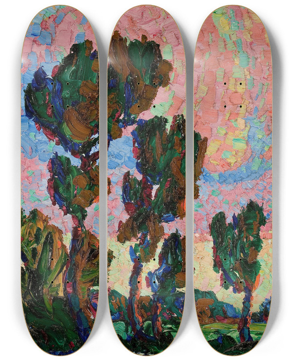Triptych art skateboard deck of Birger Sandzn Cottonwood Trees And Pond by Birger Sandzen (1871-1954)