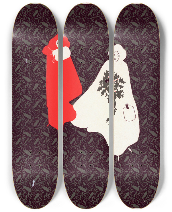 Triptych art skateboard deck of Will Bradley Inland Printer Christmas 1895 by Will Bradley (1868-1962)