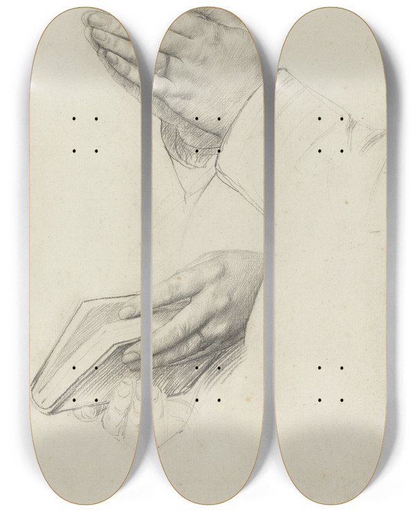 Triptych art skateboard deck of Alphonse Legros Two Studies Of Hands by Alphonse Legros (1837-1911)