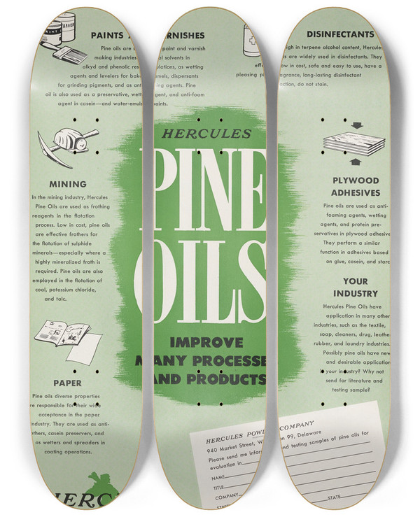 Triptych art skateboard deck of Hercules Incorporated Hercules Pine Oils Improve Many Processes And Products by Hercules Incorporated (20-)