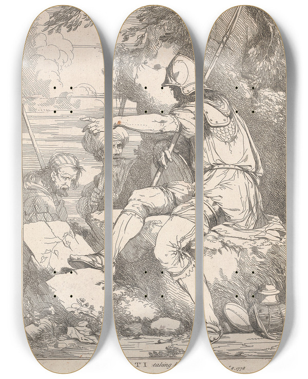 Triptych art skateboard deck of John Hamilton Mortimer Banditti Taking His Post_2 by John Hamilton Mortimer (1740-1779)