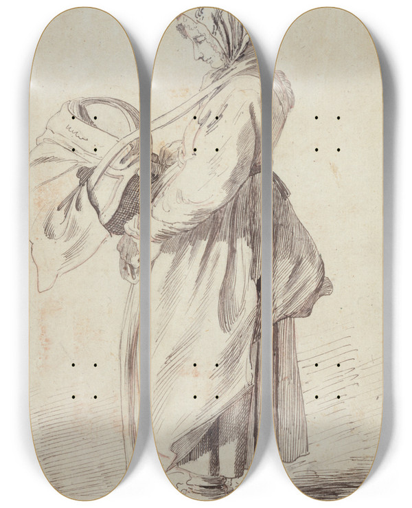 Triptych art skateboard deck of Edm Bouchardon Savoyarde Vielleuse by Edme Bouchardon (1698-1762)