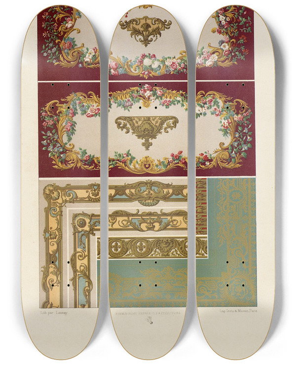 Triptych art skateboard deck of Auguste Racinet Xviii Siecle 7 by Auguste Racinet (1825-1893)