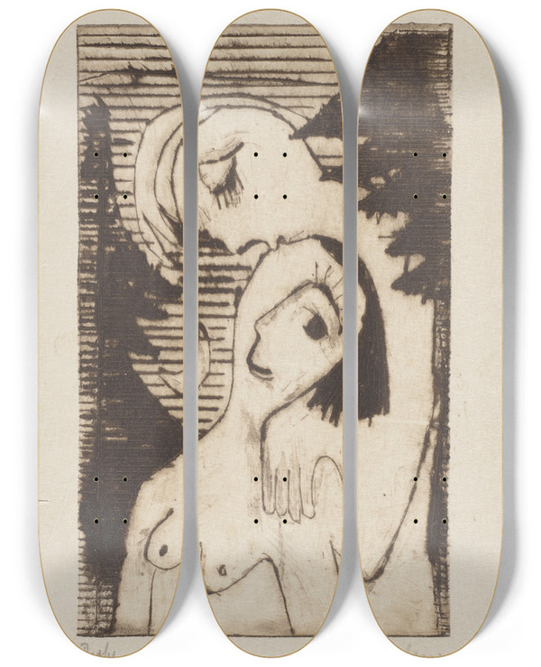 Triptych art skateboard deck of Ernst Ludwig Kirchner Der Kuss by Ernst Ludwig Kirchner (1880-1938)