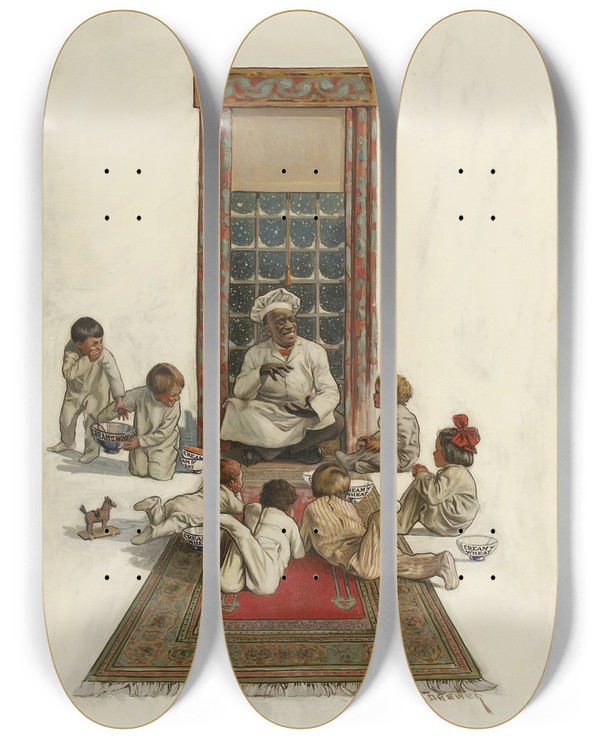 Triptych art skateboard deck of Edward Vincent Brewer Ali Baba And The Forty Thieves by Edward Vincent Brewer (1883-1971)