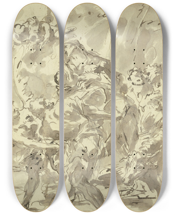 Triptych art skateboard deck of Gaspare Diziani Flight To Egypt by Gaspare Diziani (1689-1767)