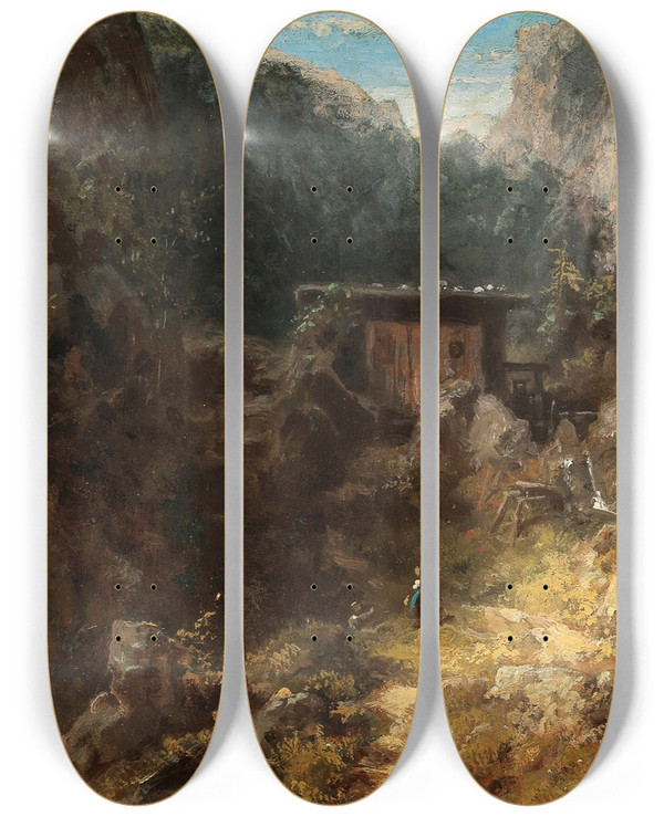 Triptych art skateboard deck of Carl Spitzweg Mountain Mill by Carl Spitzweg (1808-1880)
