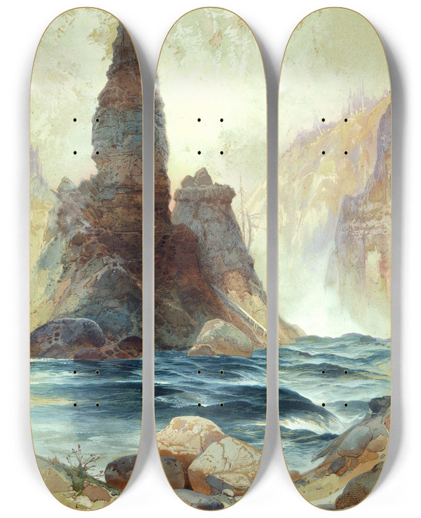 Triptych art skateboard deck of Thomas Moran Above Tower Falls Yellowstone by Thomas Moran (1837-1926)