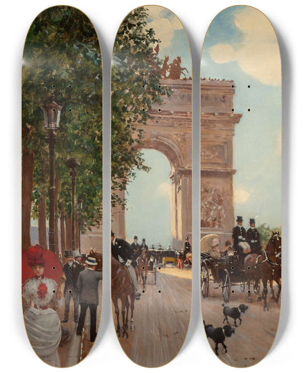 Triptych art skateboard deck of Jean Braud Larc De Triomphe Champselyses by Jean Beraud (1849-1935)