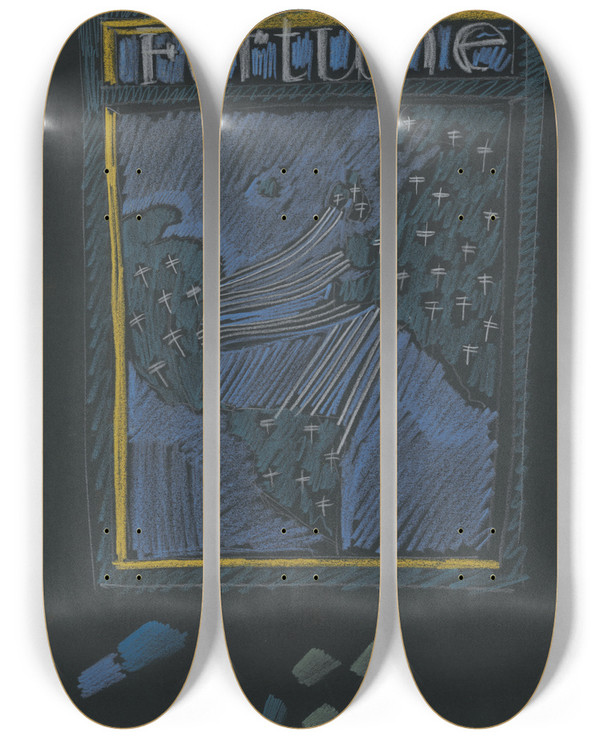 Triptych art skateboard deck of Winold Reiss Graphic Designs For Fortune Magazine Study For Cover With Telephone Lines At Different Locations On The Globe by Winold Reiss (1886-1953)