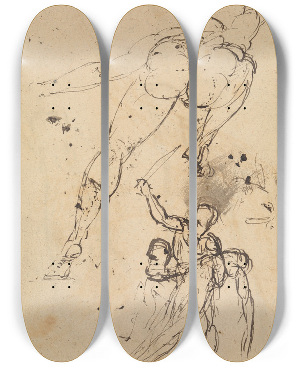 Triptych art skateboard deck of Benjamin Robert Haydon Study For Hercules And Persephone by Benjamin Robert Haydon (1786-1846)