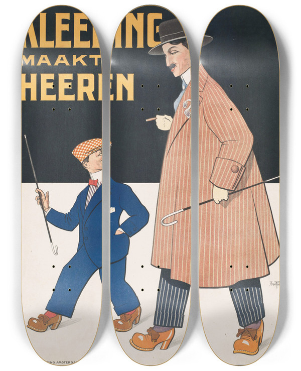 Triptych art skateboard deck of Arnold Van Roessel Kreymborgs Kleeding Maakt Heeren by Arnold Van Roessel (1883-1947)