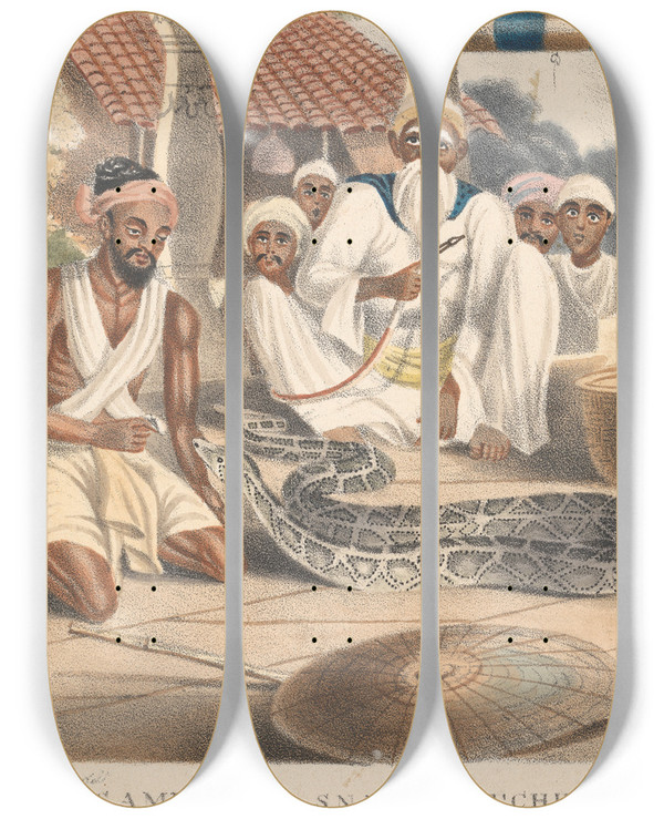 Triptych art skateboard deck of Sir Charles Doyly A Samporea Or Snake Catcher by Sir Charles Doyly (1781-1845)