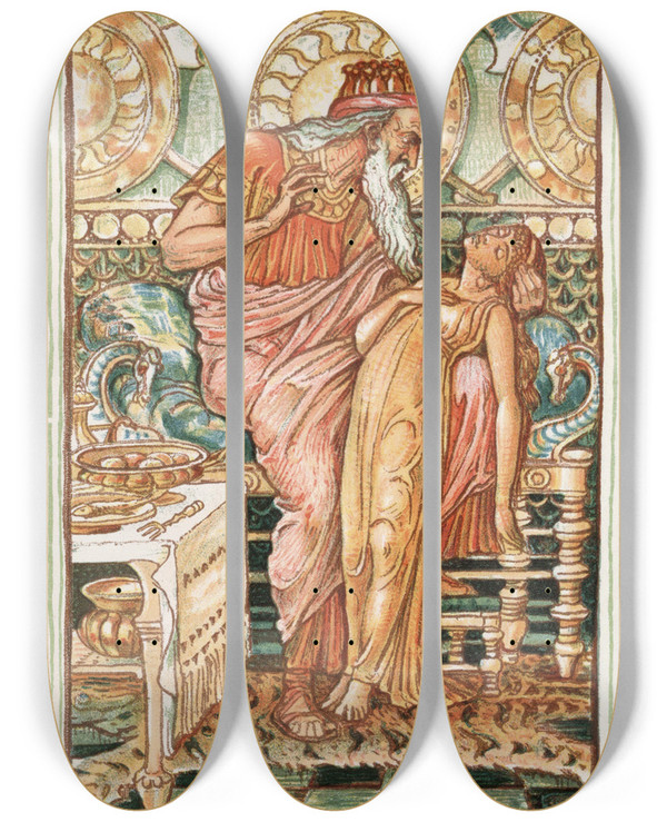 Triptych art skateboard deck of Walter Crane Midas Daughter Turned To Gold by Walter Crane (1845-1915)