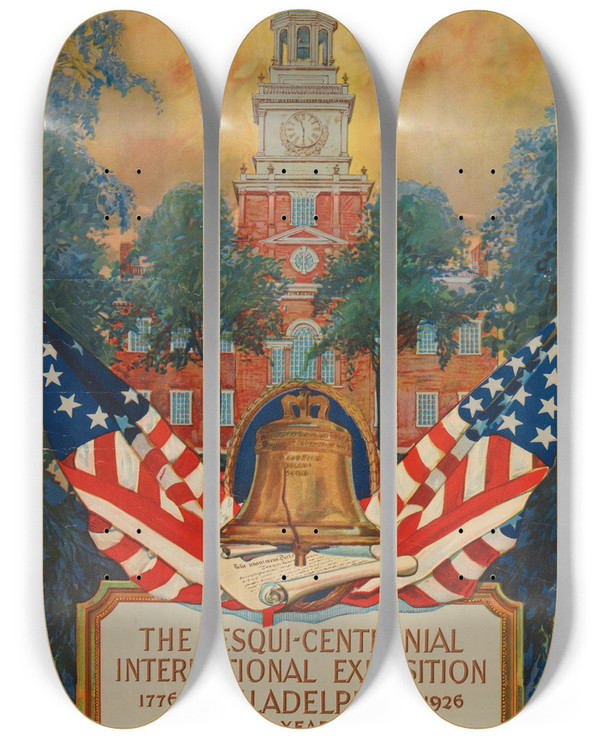 Triptych art skateboard deck of Dan Smith Sesquicentennial International Exposition_1 by Dan Smith (1835-1934)