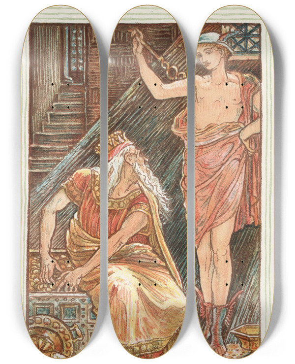 Triptych art skateboard deck of Walter Crane The Stranger Appearing To Midas by Walter Crane (1845-1915)