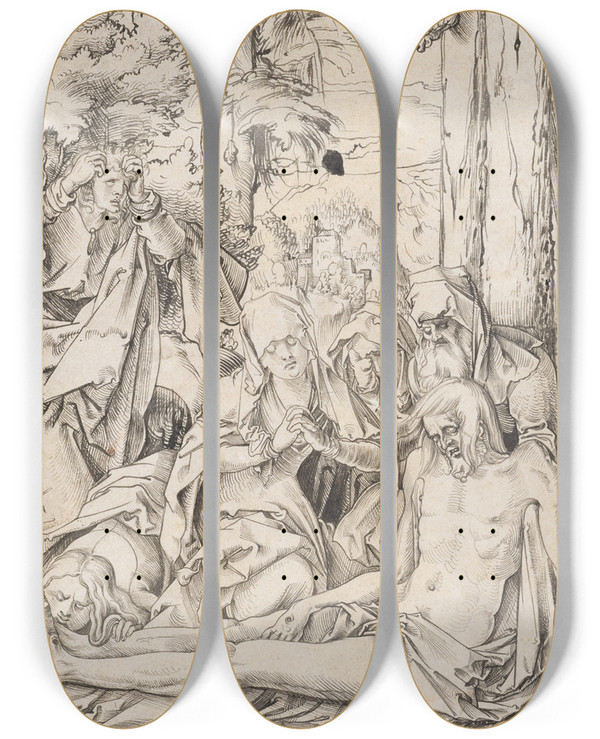 Triptych art skateboard deck of Hans Baldung Die Beweinung Christi by Hans Baldung (1484-1545)