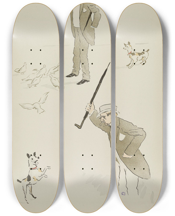 Triptych art skateboard deck of Georges Goursat Sem Lord Colomb by Georges Goursat (Sem) (1863-1934)