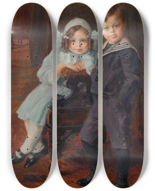 Triptych art skateboard deck of Hans Larwin Geschwister by Hans Larwin (1873-1938)