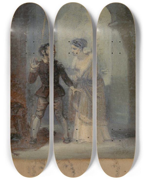 Triptych art skateboard deck of Robert Smirke Katherina And Grumio by Robert Smirke (1752-1845)
