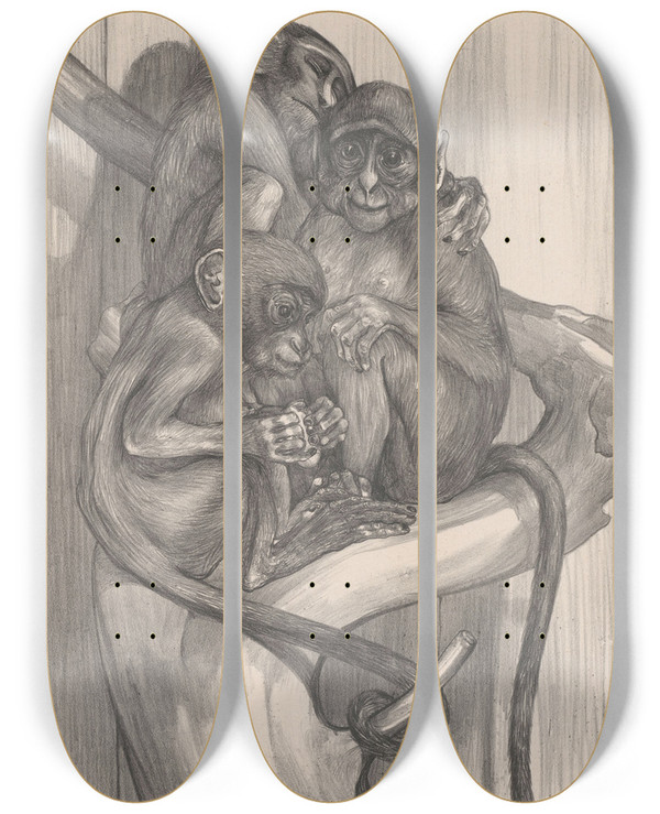 Triptych art skateboard deck of Theo Van Hoytema Drie Apen Op Een Boomstronk by Theo Van Hoytema (1863-1917)