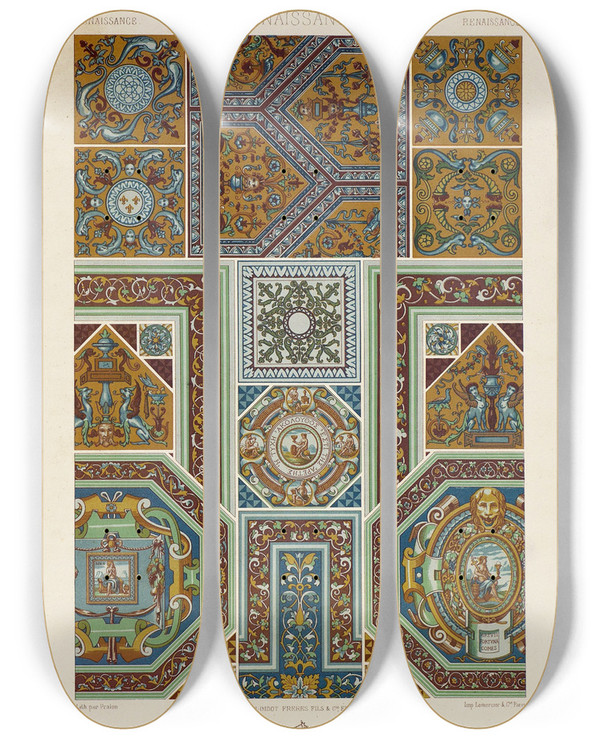 Triptych art skateboard deck of Auguste Racinet Renaissance 10 by Auguste Racinet (1825-1893)