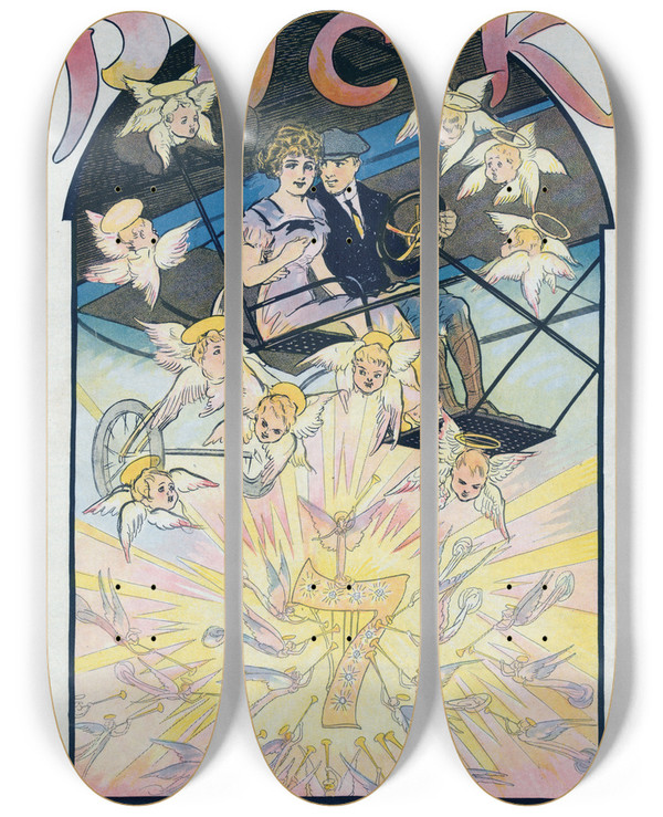 Triptych art skateboard deck of Gordon Ross To The Seventh Heaven by Gordon Ross (1873-1946)