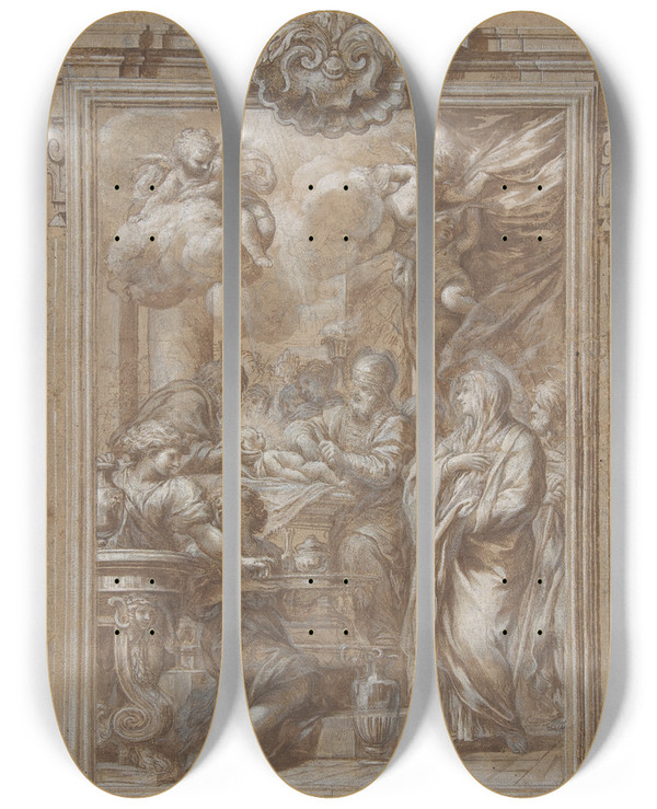 Triptych art skateboard deck of Ciro Ferri The Circumcision by Ciro Ferri (1634-1689)