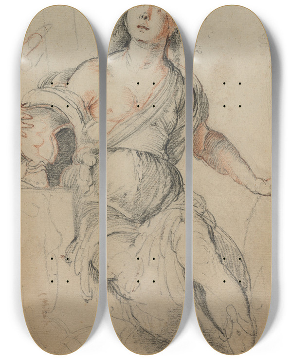 Triptych art skateboard deck of Bernardo Strozzi Allegorical Figure_1 by Bernardo Strozzi (1581-1644)