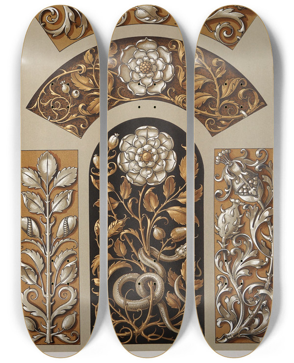 Triptych art skateboard deck of Anton Seder Die Pflanze In Kunst Und Gewerbe Pl043 by Anton Seder (1850-1916)