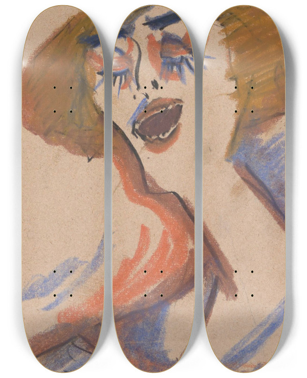 Triptych art skateboard deck of Jules Schmalzigaug Cabaret Singer by Jules Schmalzigaug (1882-1917)