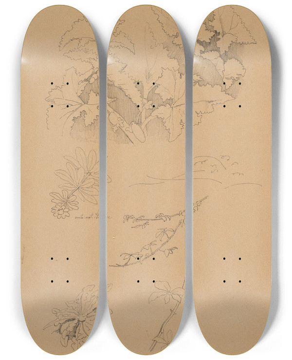 Triptych art skateboard deck of Johan Thomas Lundbye Blad Og Blomsterstudier by Johan Thomas Lundbye (1818-1848)