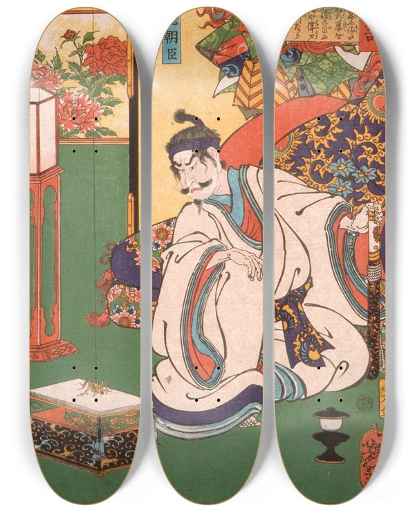 Triptych art skateboard deck of Tsukioka Yoshitoshi Minamoto Yorimitsu Ason Watching A Spider by Tsukioka Yoshitoshi (1839-1892)