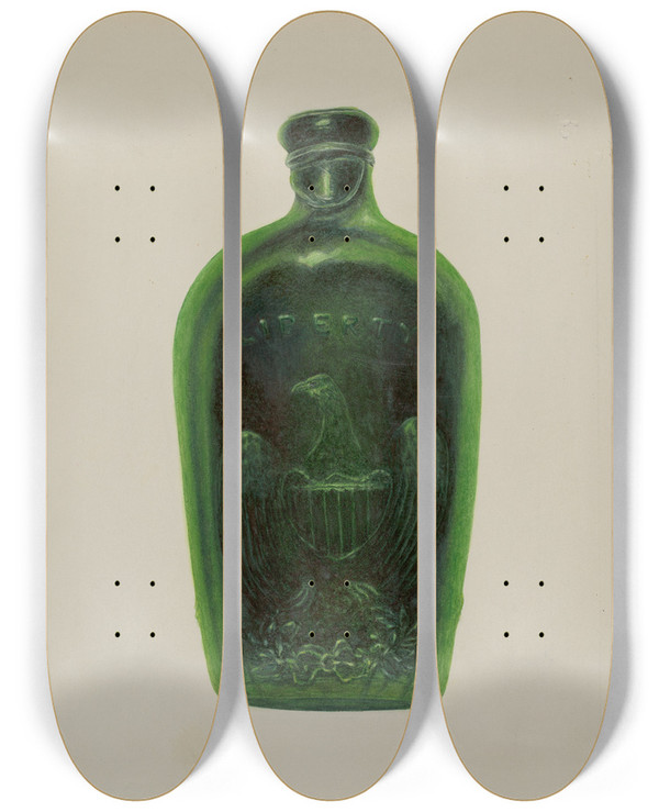 Triptych art skateboard deck of Maud M Holme Liberty Bottle by Maud M Holme
