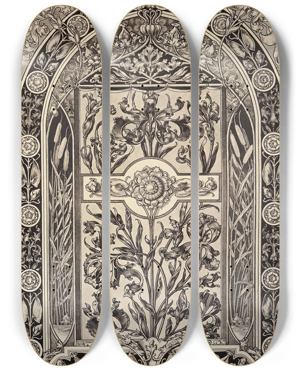 Triptych art skateboard deck of Anton Seder Die Pflanze In Kunst Und Gewerbe Pl044 by Anton Seder (1850-1916)