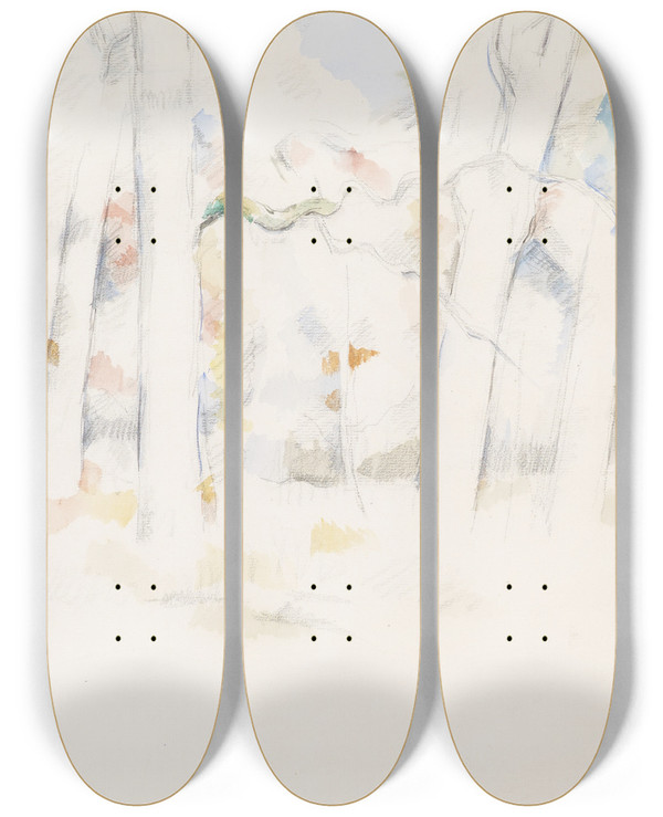 Triptych art skateboard deck of Paul Czanne Sousbois Under The Trees by Paul Cezanne (1839-1906)