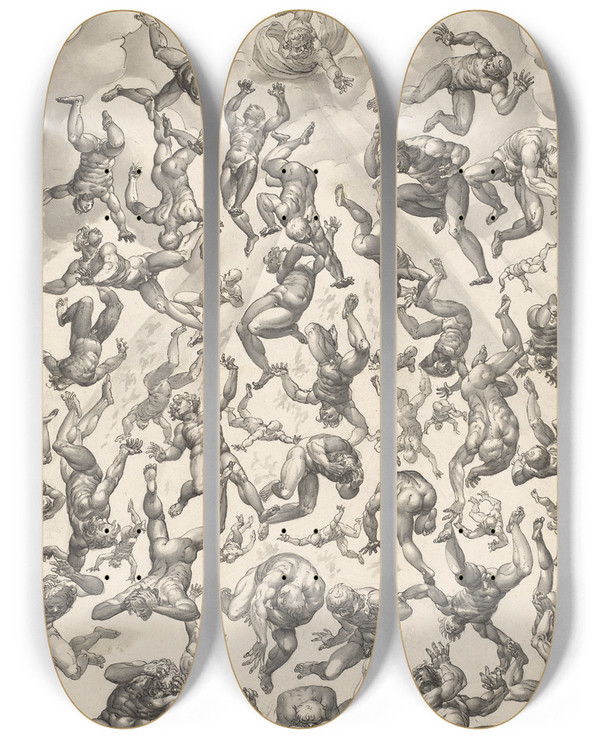 Triptych art skateboard deck of Hans Bock The Elder Engelssturz by Hans Bock The Elder (1550-1624)