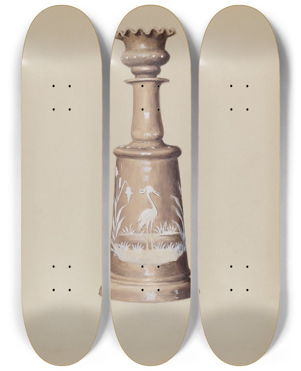 Triptych art skateboard deck of Charles Moss Scent Bottle With Stopper by Charles Moss