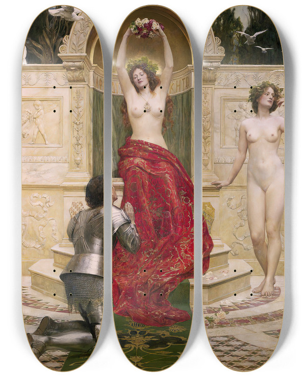Triptych art skateboard deck of John Collier Tannhuser En El Venusberg by John Collier (1850-1934)