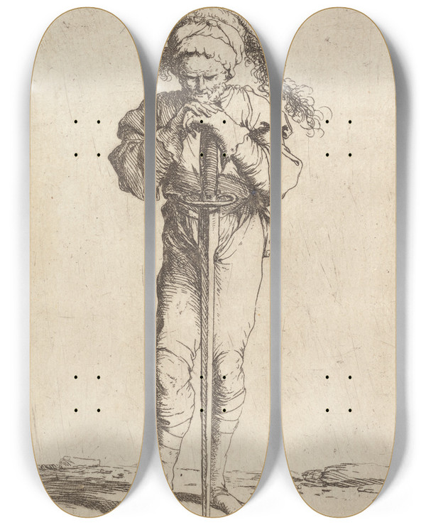 Triptych art skateboard deck of Salvator Rosa Soldier Holding A Long Sword With Both Hands by Salvator Rosa (1615-1673)