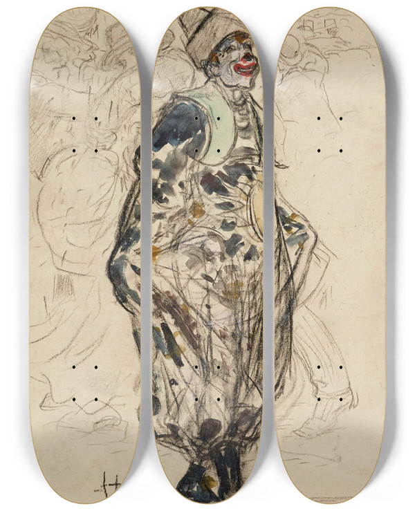 Triptych art skateboard deck of Frdric Houbron Clown Dans La Rue Un Jour De Mardigras by Frederic Houbron (1851-1908)