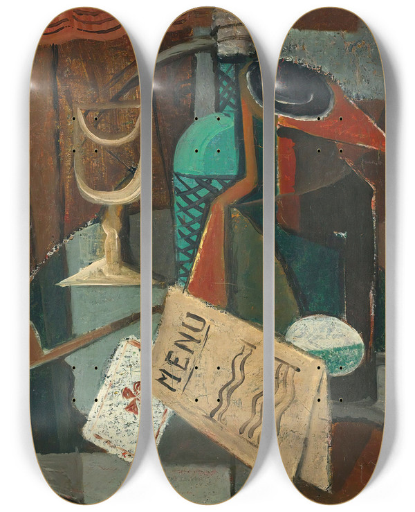 Triptych art skateboard deck of Louis Marcoussis Nature Morte Au Menu Et Au Siphon by Louis Marcoussis (1883-1941)