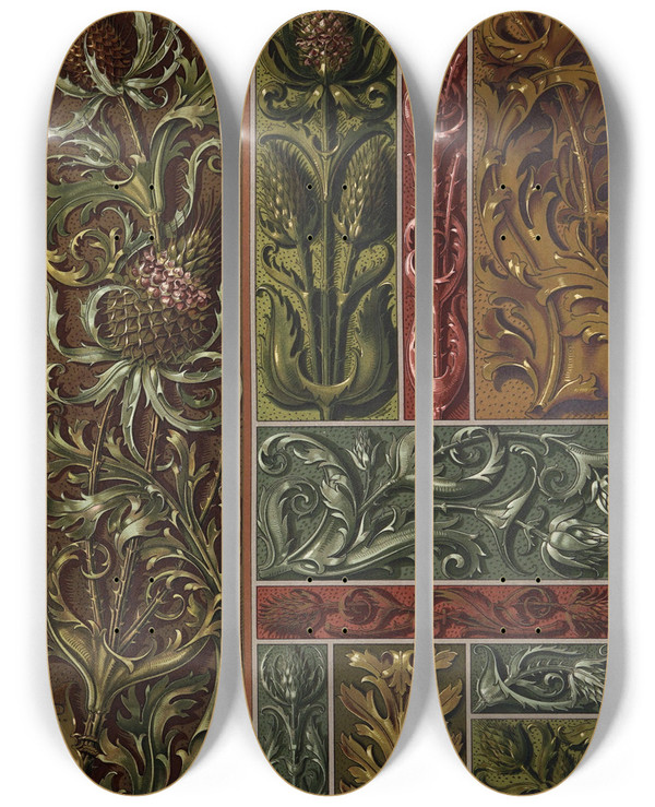 Triptych art skateboard deck of Anton Seder Die Pflanze In Kunst Und Gewerbe Pl025 by Anton Seder (1850-1916)