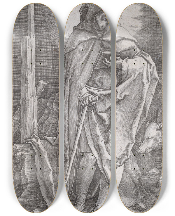 Triptych art skateboard deck of Lucas Van Leyden Saint Anthony by Lucas Van Leyden (1494-1533)